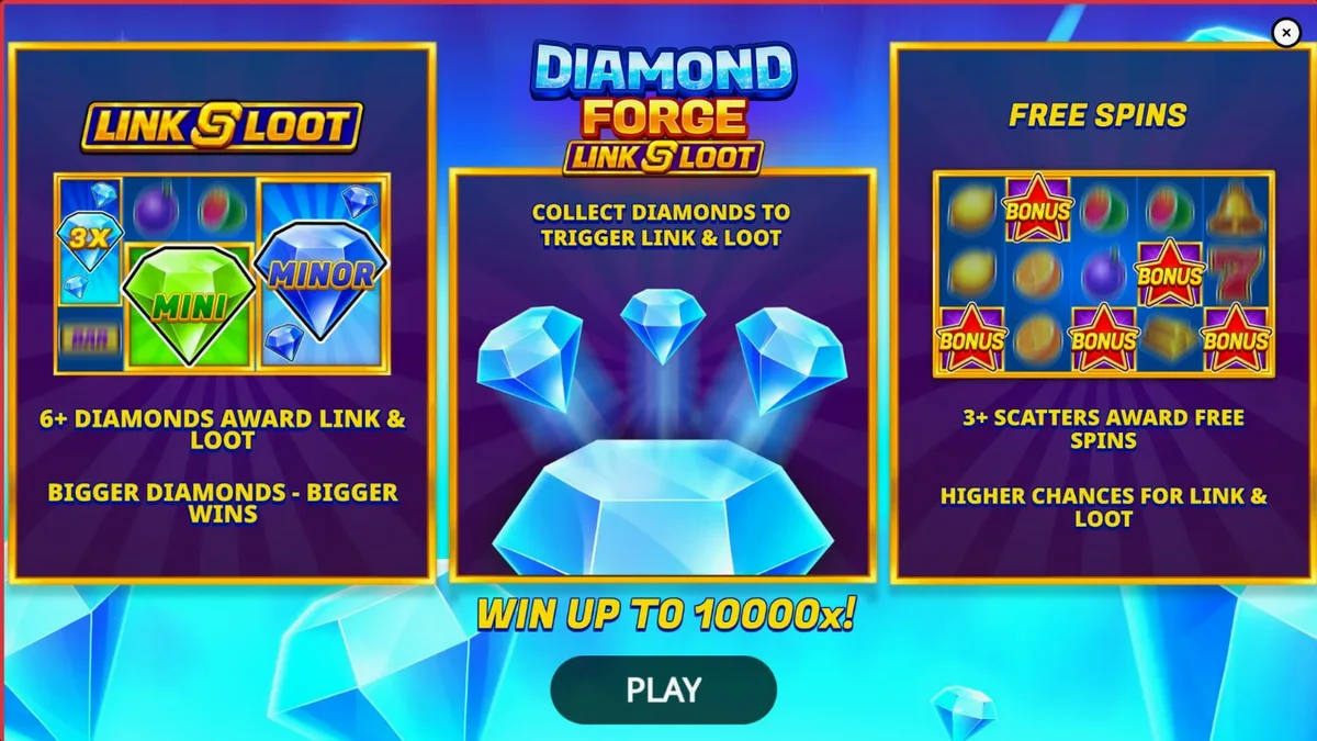 Tampilan visual slot Diamond Forge Link & Loot dengan simbol buah dan berlian
