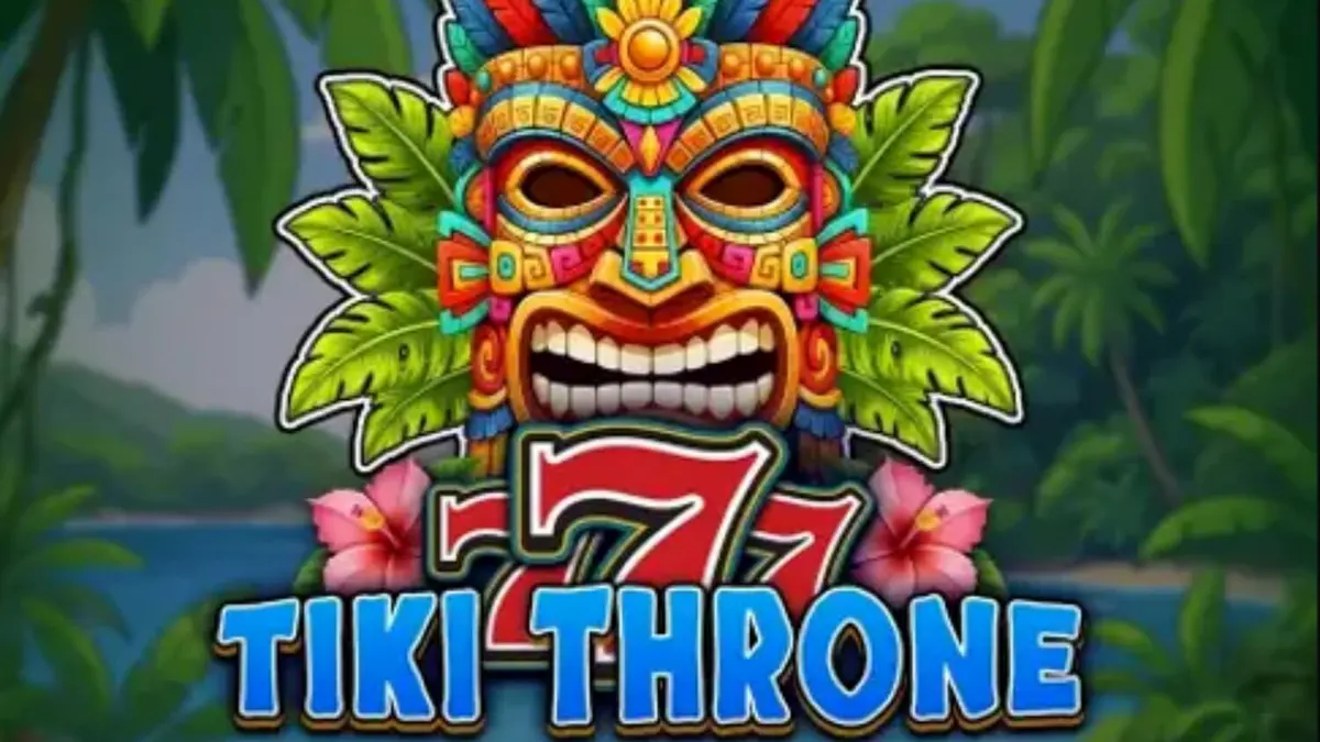 Tampilan visual slot 777 Tiki Throne dengan latar belakang pulau tropis dan simbol buah klasik.